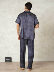 Men's Pure Silk Navy Ginkgo Print Short Sleeve Pajamas Set with Pants
