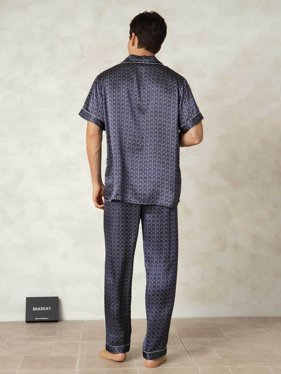 Men's Pure Silk Navy Ginkgo Print Short Sleeve Pajamas Set with Pants