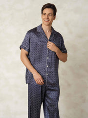 Men's Pure Silk Navy Ginkgo Print Short Sleeve Pajamas Set with Pants