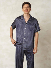 Men's Pure Silk Navy Ginkgo Print Short Sleeve Pajamas Set with Pants