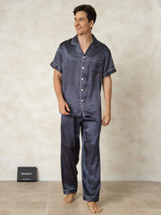 Men's Pure Silk Navy Ginkgo Print Short Sleeve Pajamas Set with Pants