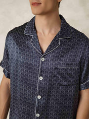 Men's Pure Silk Navy Ginkgo Print Short Sleeve Pajamas Set with Pants