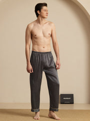 Men's Pure Silk Navy Ginkgo Print Sleep Pants with Elastic Waist