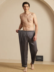 Men's Pure Silk Navy Ginkgo Print Sleep Pants with Elastic Waist
