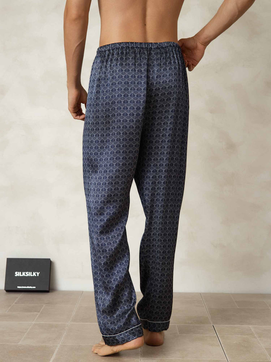 Men's Pure Silk Navy Ginkgo Print Sleep Pants with Elastic Waist