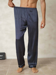 Men's Pure Silk Navy Ginkgo Print Sleep Pants with Elastic Waist