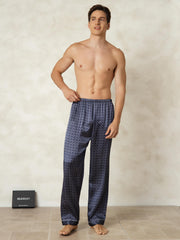 Men's Pure Silk Navy Ginkgo Print Sleep Pants with Elastic Waist