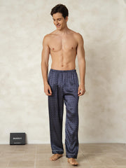 Men's Pure Silk Navy Ginkgo Print Sleep Pants with Elastic Waist