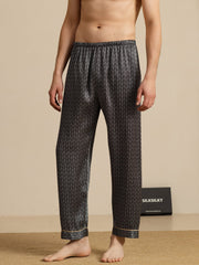 Men's Pure Silk Navy Ginkgo Print Sleep Pants with Elastic Waist