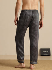 Men's Pure Silk Navy Ginkgo Print Sleep Pants with Elastic Waist