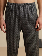 Men's Pure Silk Navy Ginkgo Print Sleep Pants with Elastic Waist