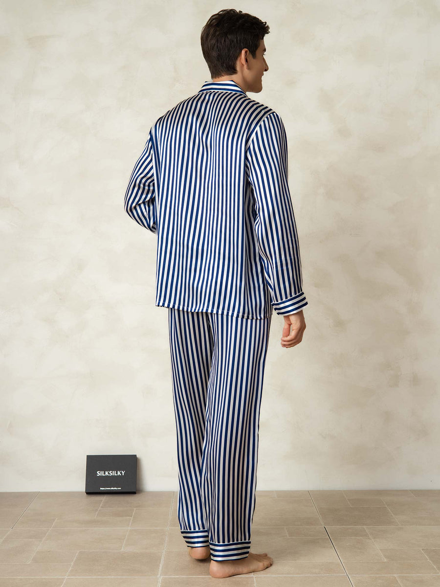 Men's Pure Silk Stripe Print Long Sleeve Notch Collar Pajamas Set