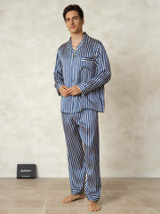 Men's Pure Silk Stripe Print Long Sleeve Notch Collar Pajamas Set