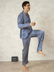 Men's Pure Silk Stripe Print Long Sleeve Notch Collar Pajamas Set