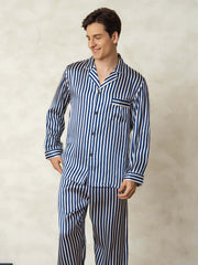 Men's Pure Silk Stripe Print Long Sleeve Notch Collar Pajamas Set