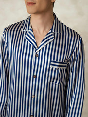 Men's Pure Silk Stripe Print Long Sleeve Notch Collar Pajamas Set
