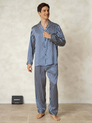 Men's Pure Silk Stripe Print Long Sleeve Notch Collar Pajamas Set