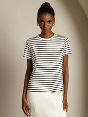 Pure Silk Crew Neck Short Sleeve Women's Sport Stripe Print T-Shirt
