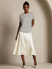 Pure Silk Crew Neck Short Sleeve Women's Sport Stripe Print T-Shirt