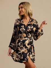Pure Silk Dragon Print 3/4 Sleeve Women's Kimono Robe With Belt