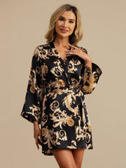 Pure Silk Dragon Print 3/4 Sleeve Women's Kimono Robe With Belt