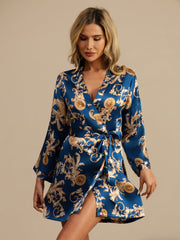 Pure Silk Dragon Print 3/4 Sleeve Women's Kimono Robe With Belt