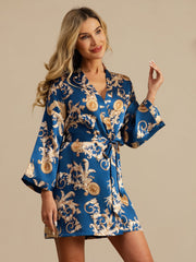 Pure Silk Dragon Print 3/4 Sleeve Women's Kimono Robe With Belt