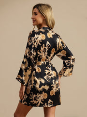 Pure Silk Dragon Print 3/4 Sleeve Women's Kimono Robe With Belt