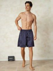 Pure Silk Elastic Waist Navy Chain Print Men's Sleep Shorts