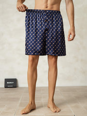 Pure Silk Elastic Waist Navy Chain Print Men's Sleep Shorts