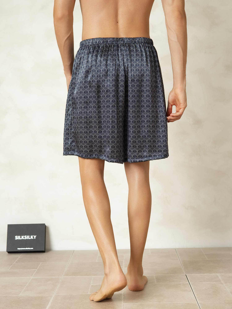 Pure Silk Elastic Waist Navy Ginkgo Print Men's Sleep Shorts
