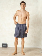 Pure Silk Elastic Waist Navy Ginkgo Print Men's Sleep Shorts