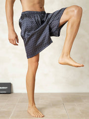 Pure Silk Elastic Waist Navy Ginkgo Print Men's Sleep Shorts