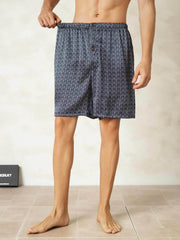 Pure Silk Elastic Waist Navy Ginkgo Print Men's Sleep Shorts