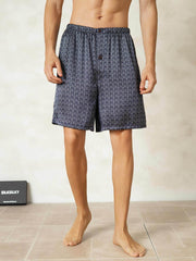 Pure Silk Elastic Waist Navy Ginkgo Print Men's Sleep Shorts