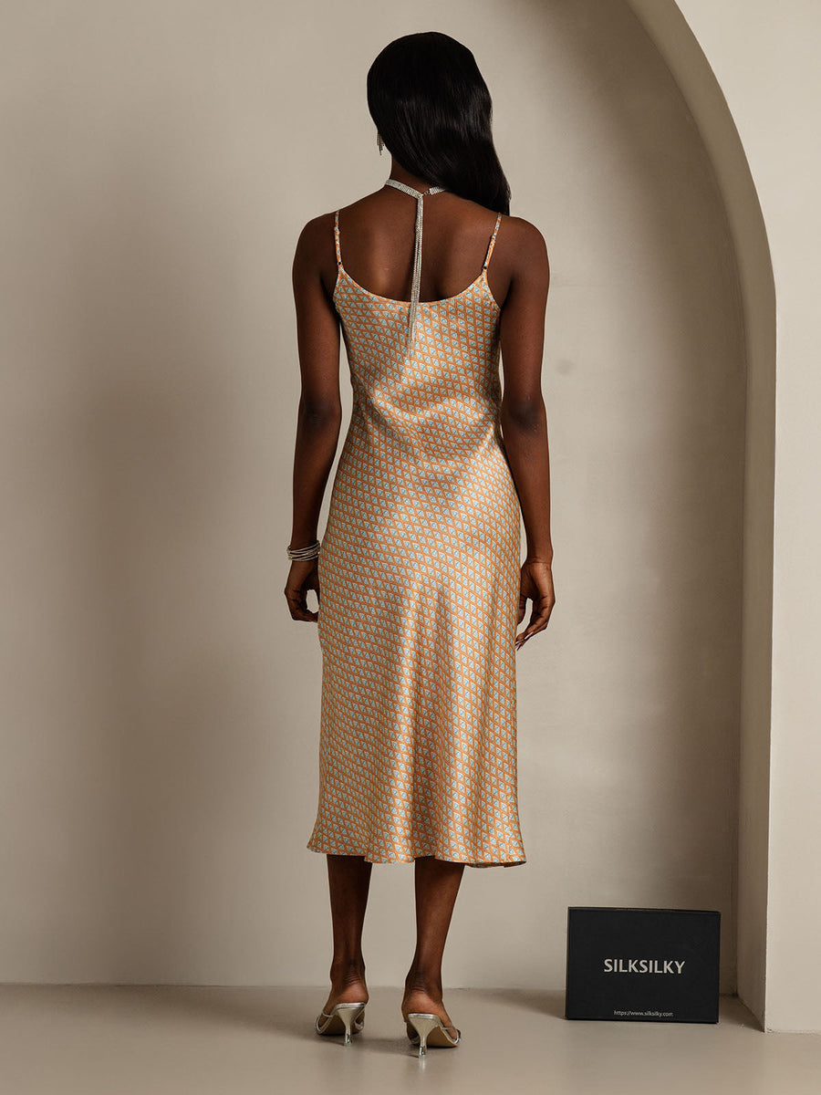 Pure Silk Geometric Print Spaghetti Strap V Neck Midi Dress