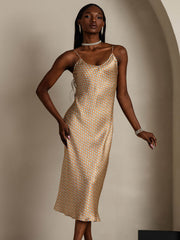 Pure Silk Geometric Print Spaghetti Strap V Neck Midi Dress