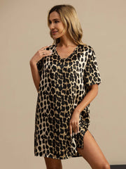 Pure Silk Half Sleeve V-neck Leopard Printed Short Nightgown with Split Design