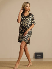 Pure Silk Half Sleeve V-neck Leopard Printed Short Nightgown with Split Design