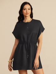 Pure Silk Henley Neck Cap Sleeve Short Dress With Drawstring