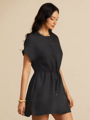 Pure Silk Henley Neck Cap Sleeve Short Dress With Drawstring