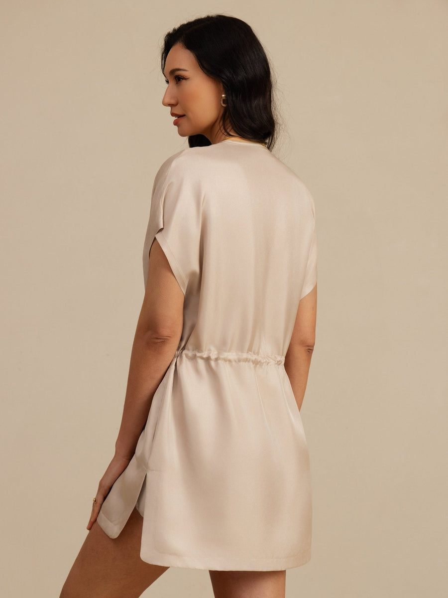 Pure Silk Henley Neck Cap Sleeve Short Dress With Drawstring