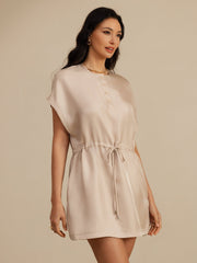 Pure Silk Henley Neck Cap Sleeve Short Dress With Drawstring