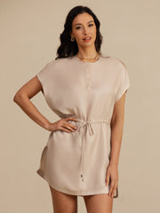 Pure Silk Henley Neck Cap Sleeve Short Dress With Drawstring