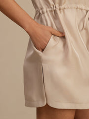 Pure Silk Henley Neck Cap Sleeve Short Dress With Drawstring