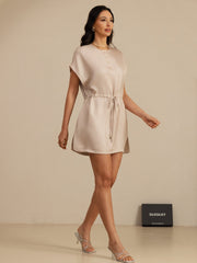 Pure Silk Henley Neck Cap Sleeve Short Dress With Drawstring