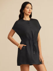 Pure Silk Henley Neck Cap Sleeve Short Dress With Drawstring