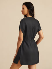Pure Silk Henley Neck Cap Sleeve Short Dress With Drawstring