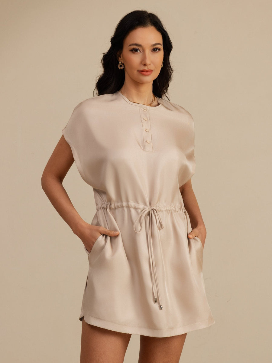 Pure Silk Henley Neck Cap Sleeve Short Dress With Drawstring