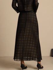 Pure Silk High-Waist A-Line Textured Grid Long Skirt With Back Zipper